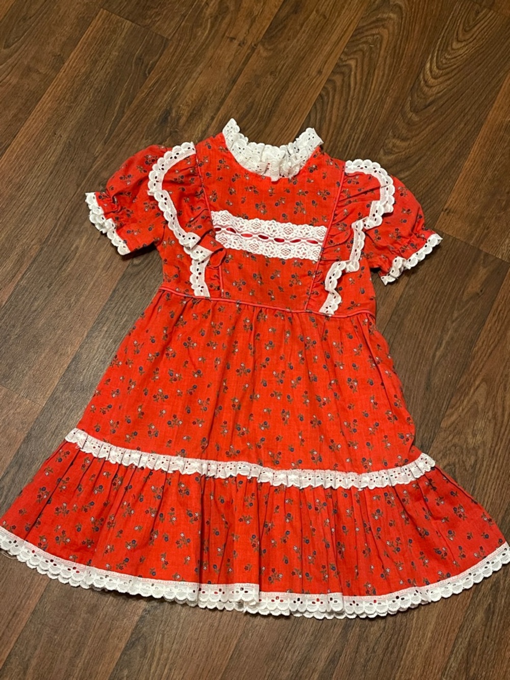 Vintage 70’s Little Girls Red Floral Lace Dress Size 6